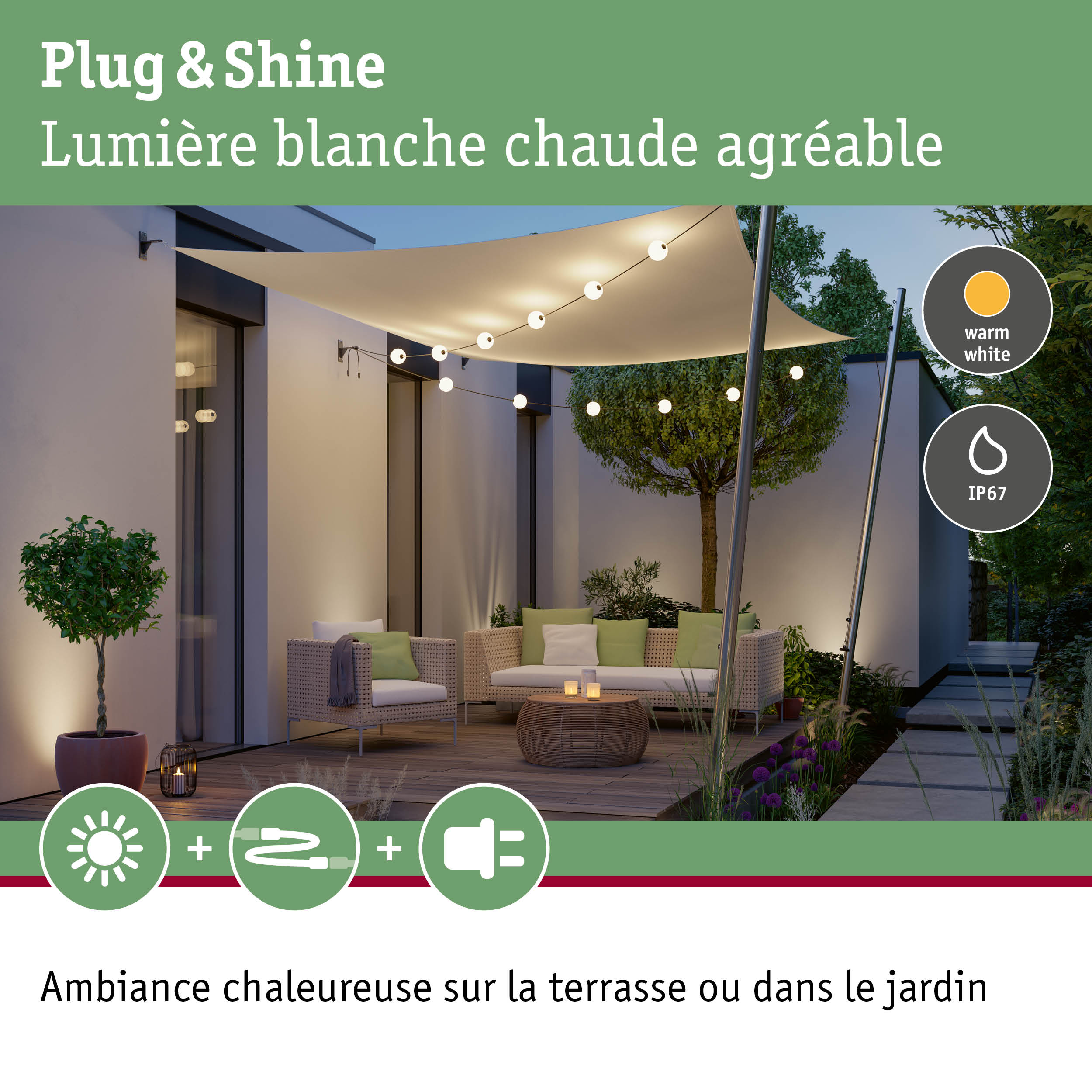 Guirlande lumineuse LED blanc chaud pour terrasse et jardin avec protection IP67