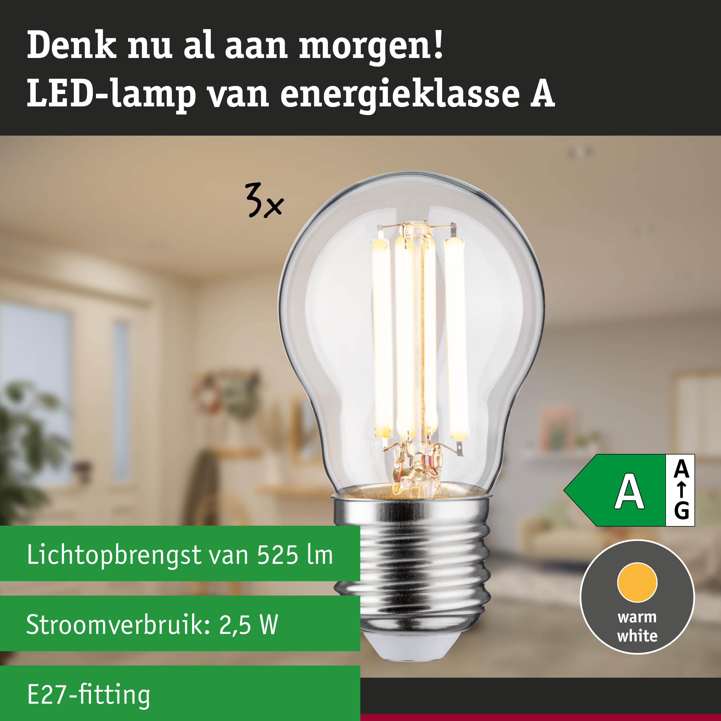 Ultra-efficiënte LED-lamp met warm wit licht tegen groene bosachtergrond voor energiebesparing