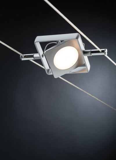 Modern silver metal LED cable spotlight with square design for adjustable lighting solutions