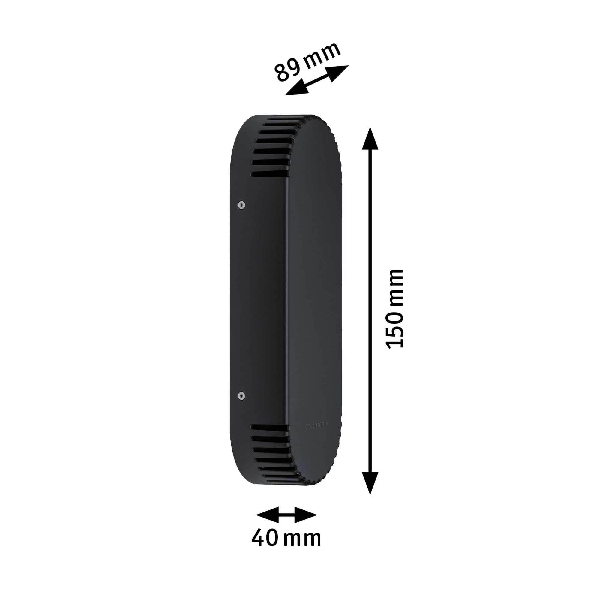 Black aluminum wall light with ventilation slots, dimensions 150x89x40 mm, modern design