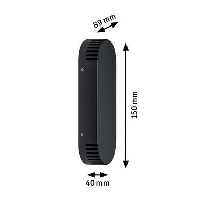 Black aluminum wall light with ventilation slots, dimensions 150x89x40 mm, modern design