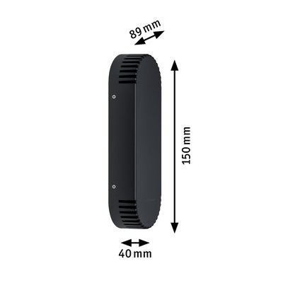 Black aluminum wall light with ventilation slots, dimensions 150x89x40 mm, modern design