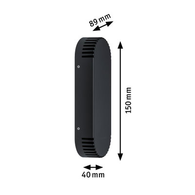 Black aluminum wall light with ventilation slots, dimensions 150x89x40 mm, modern design