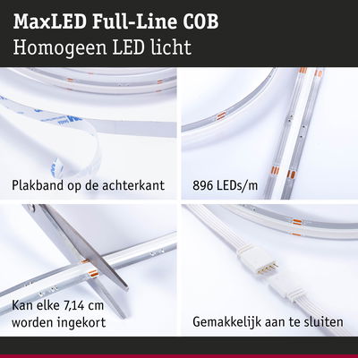 MaxLED Full-Line COB LED-strip met 896 LEDs/m, plakband achterzijde, elke 7,14 cm in te korten, eenvoudige aansluiting