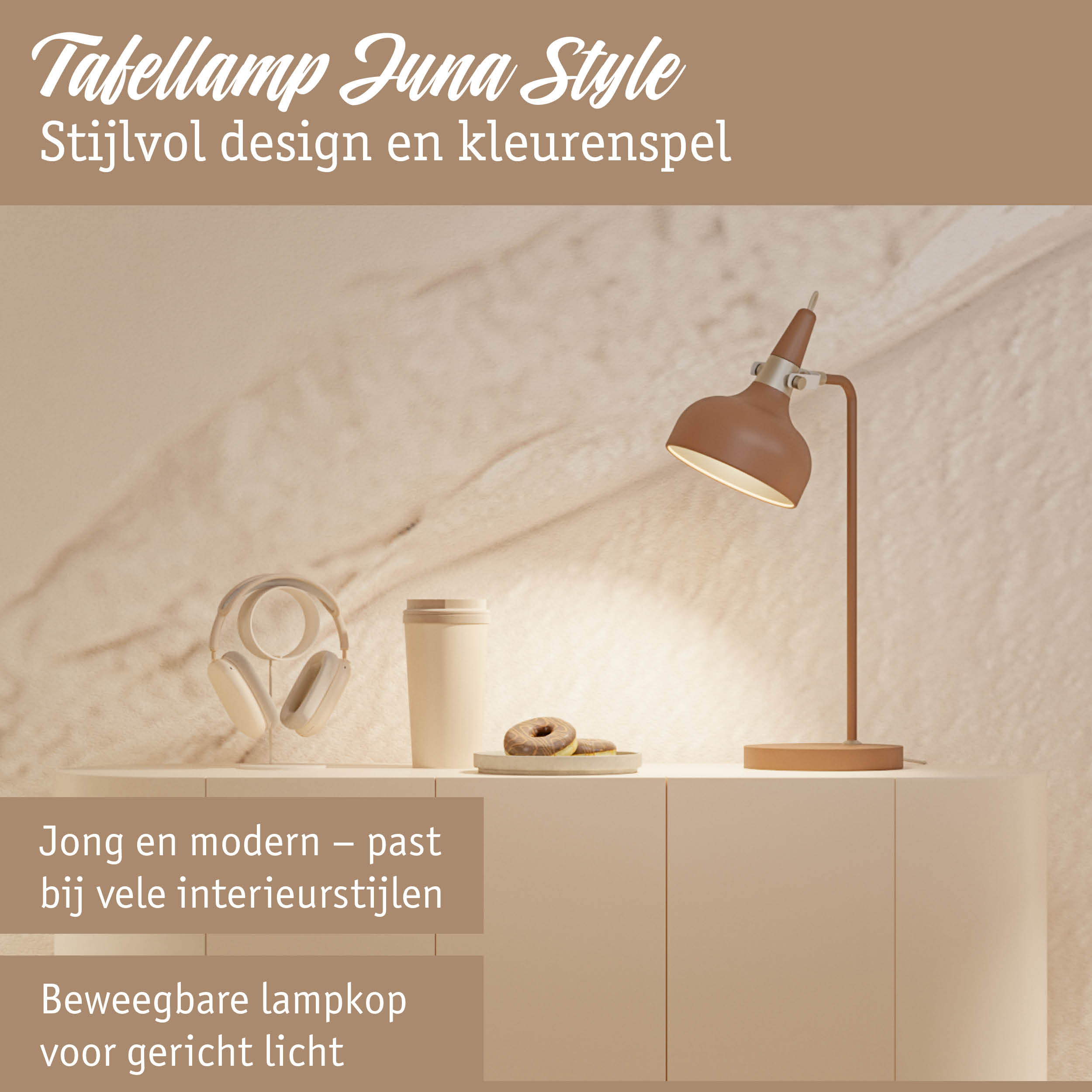 Bruine tafellamp Juna Style met verstelbare lampkop voor gericht licht in modern interieur
