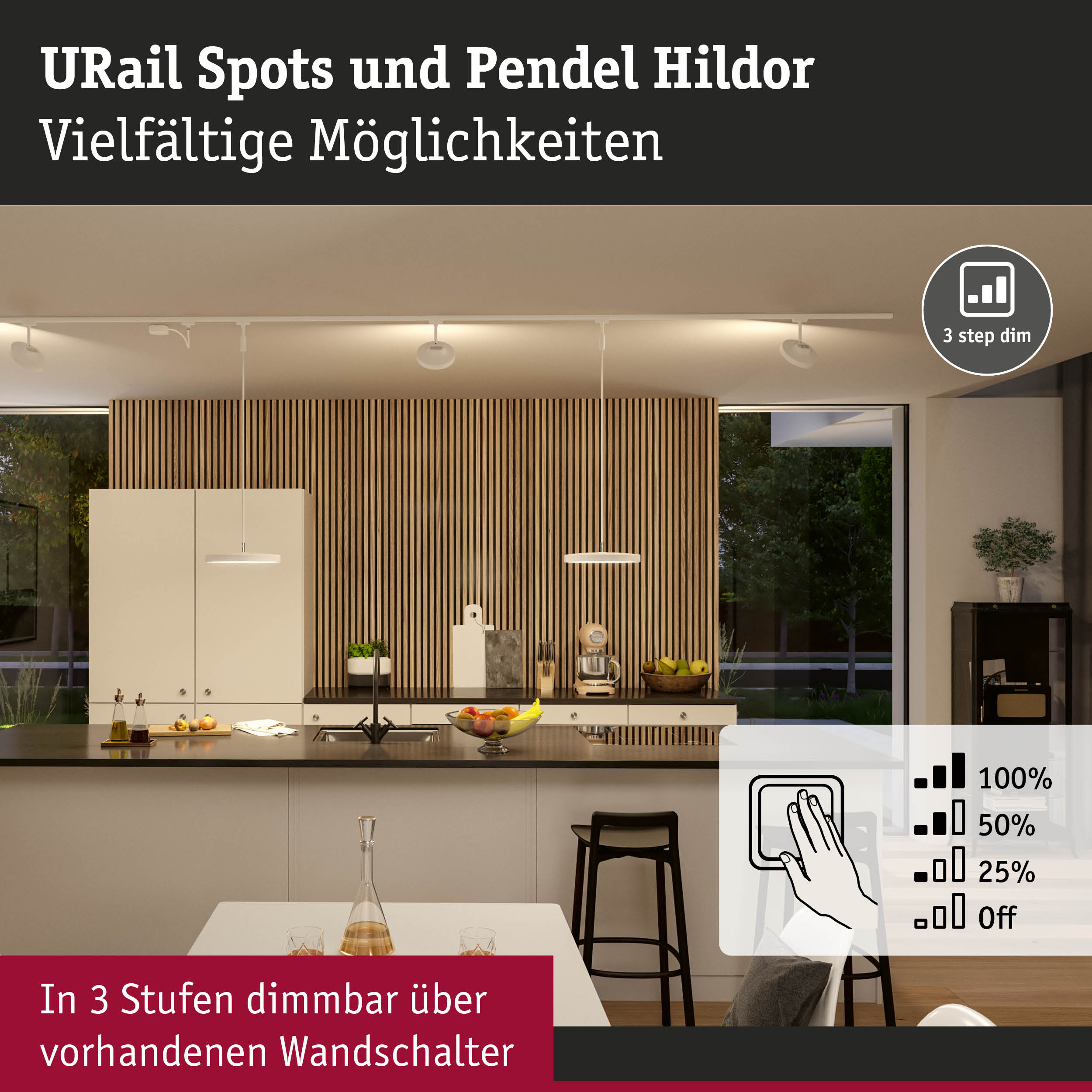 Moderne weiße URail Spots und Pendel Hildor mit 3-Stufen-Dimmung in stilvoller Küche