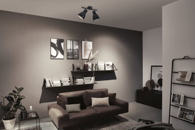 Modern living room with black metal ceiling light, grey wall, and brown sofa with cushions