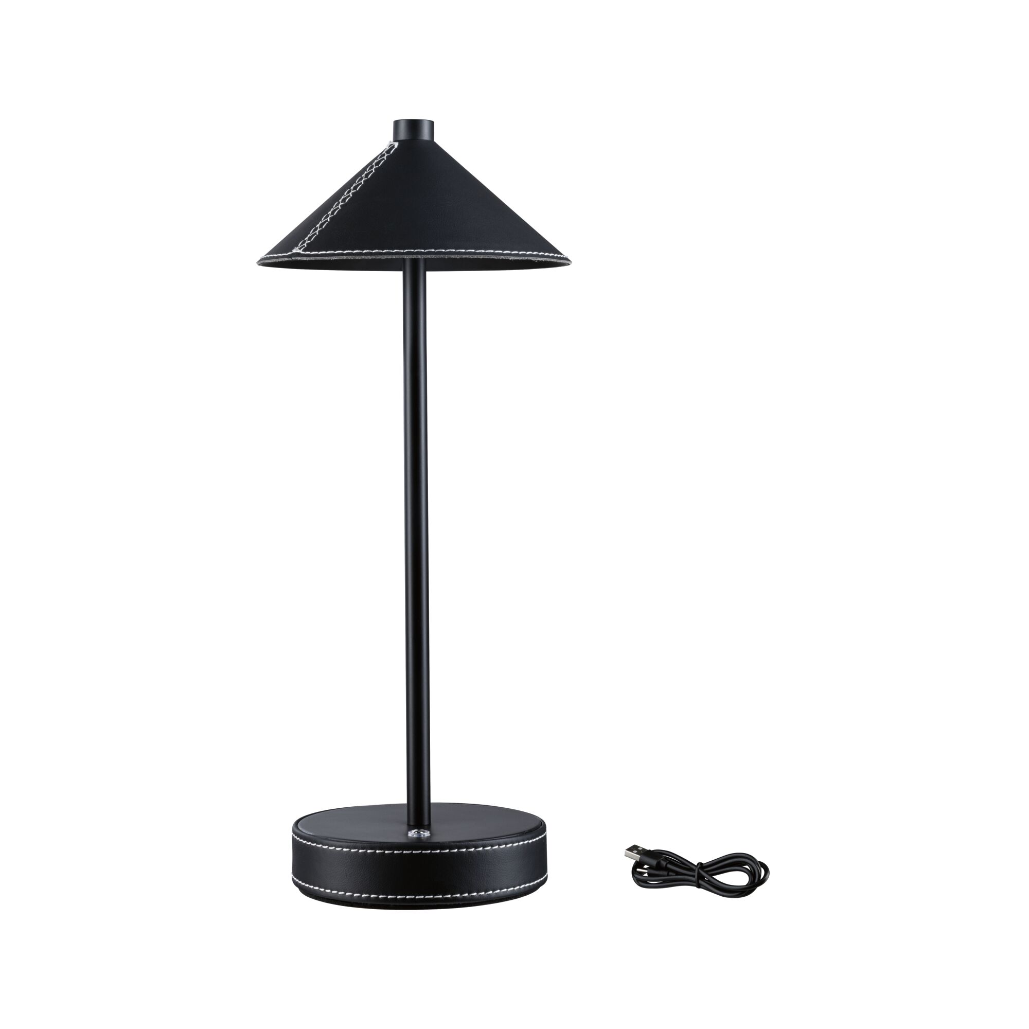 Schwarze Tischlampe aus Metall mit Lederbezug und weißer Naht, inklusive USB-Ladekabel für modernes Lichtdesign