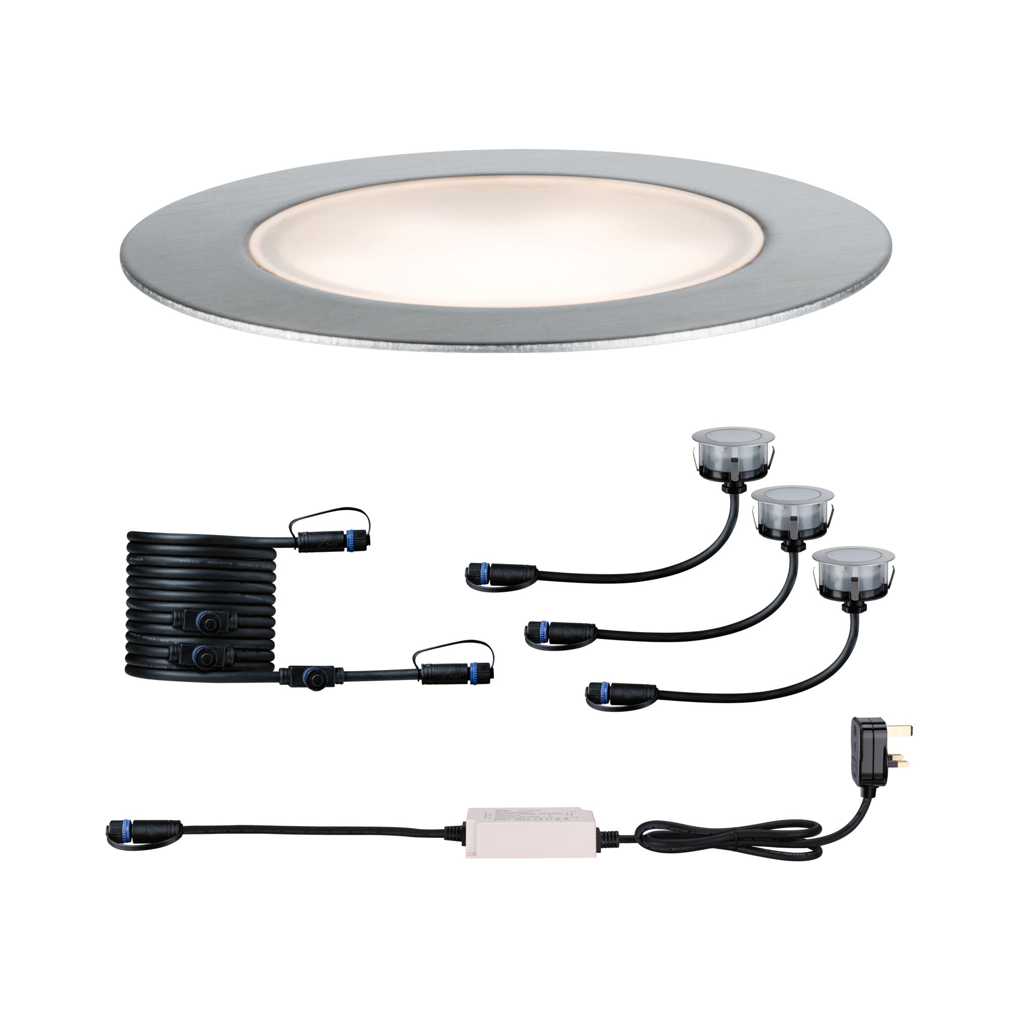Round LED recessed light set in brushed aluminum with cables and plug for indoor lighting solutions
