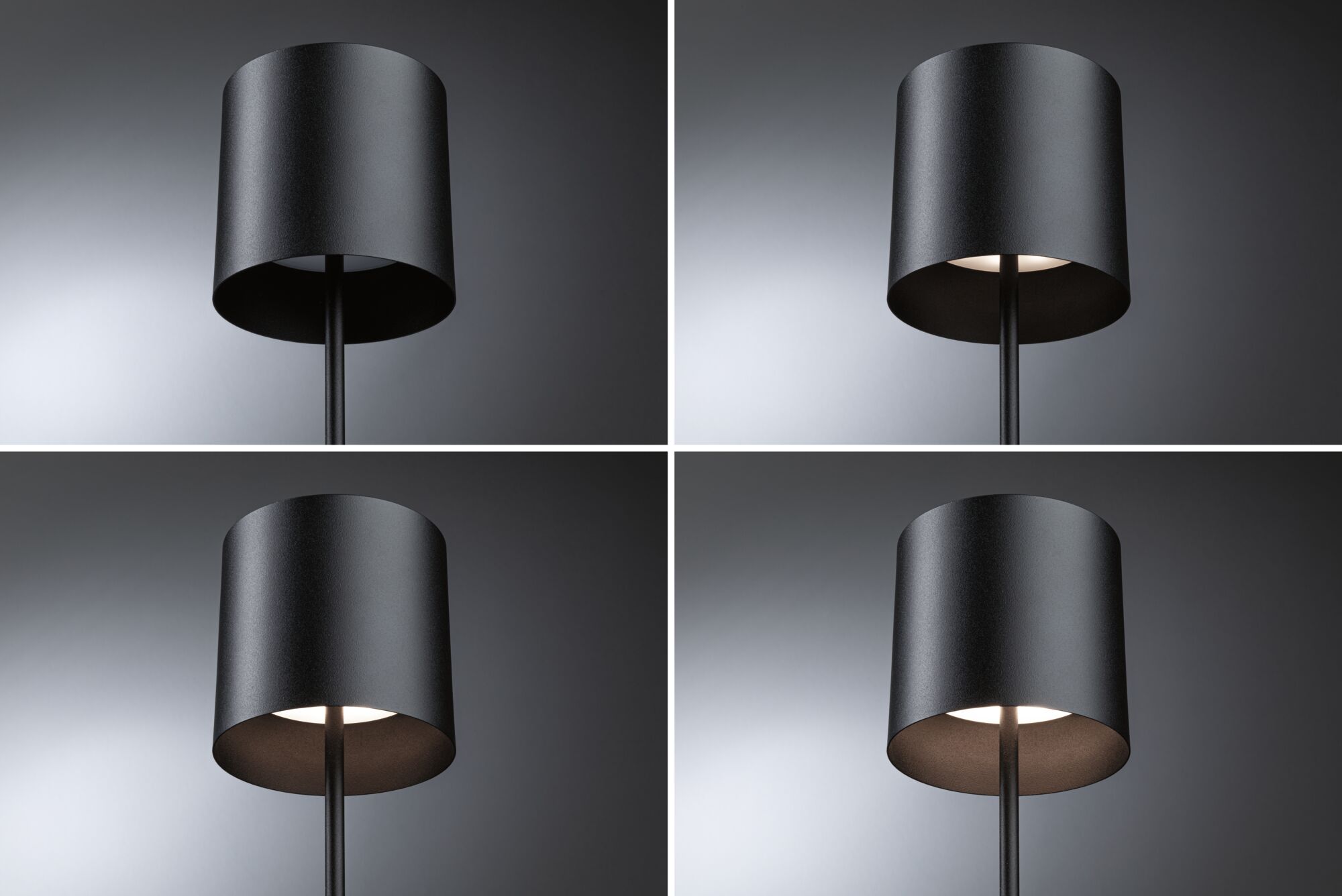 Four views of a black metal floor lamp with cylindrical shade and warm white LED light