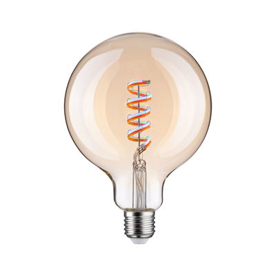 Round LED bulb with spiral filament in amber color, energy-saving decorative light