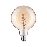 Round LED bulb with spiral filament in amber color, energy-saving decorative light
