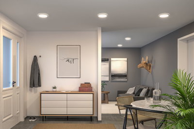Living room with round white LED ceiling lights, gray walls, and modern dining area with plants.