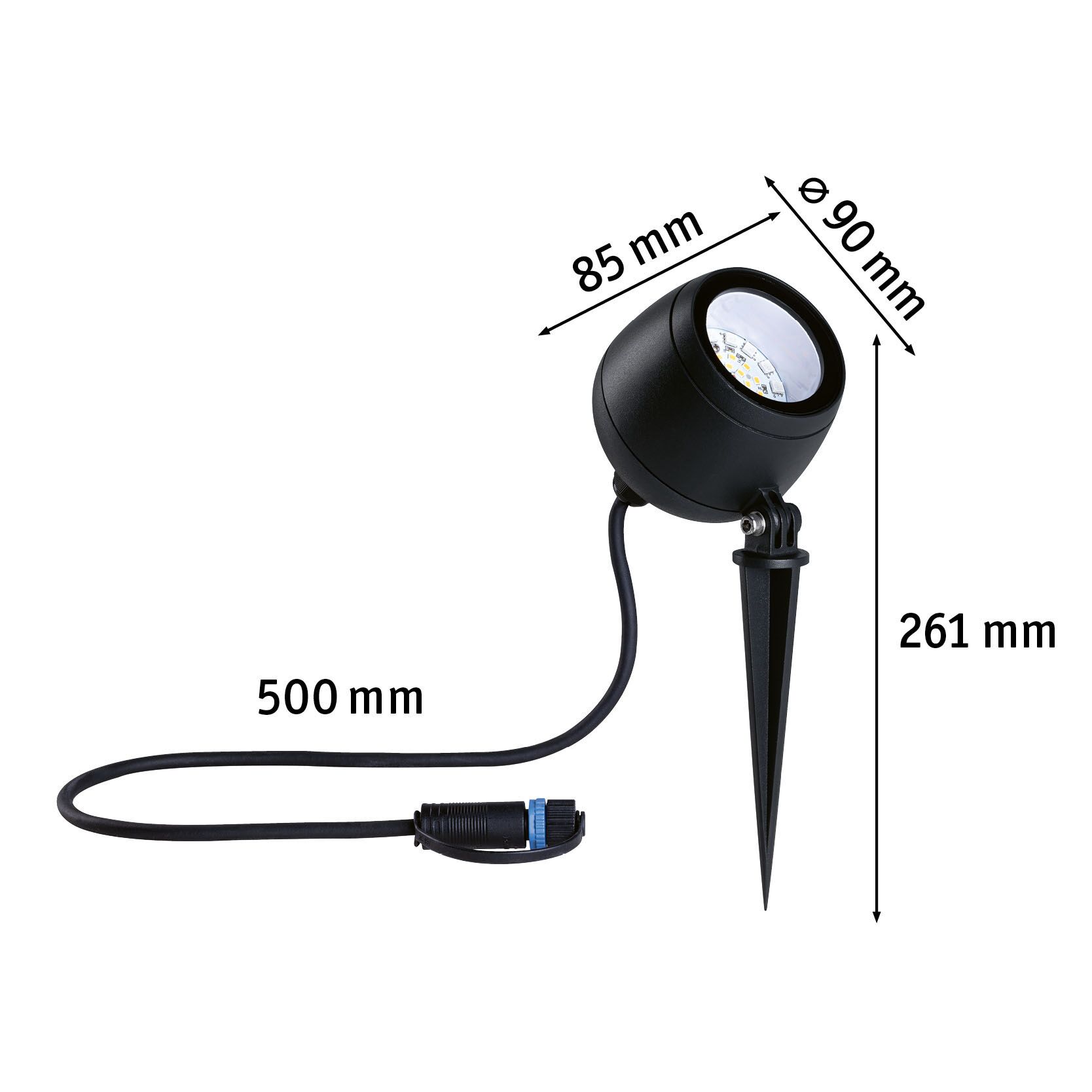 Schwarze LED-Gartenleuchte mit Erdspieß und Kabel, Maße 90 mm Durchmesser, 261 mm Höhe, Außenbeleuchtung