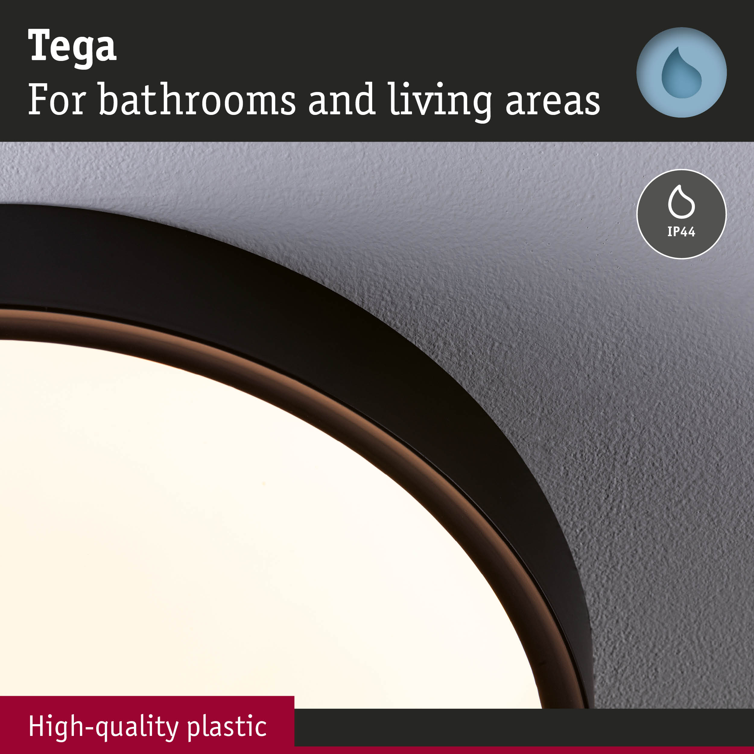 Close-up of white plastic light with black frame, IP44 rated for bathrooms and living areas