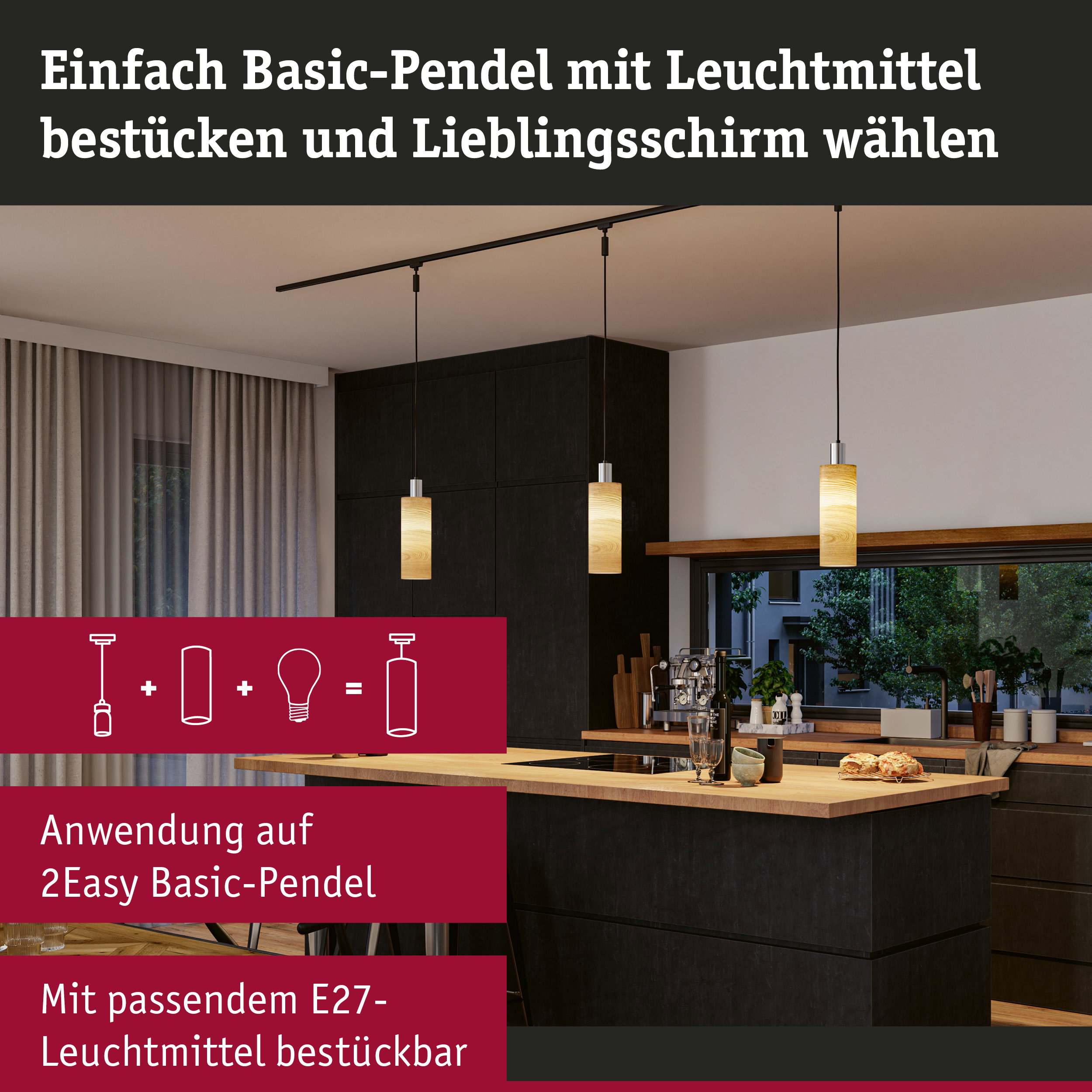 Moderne Basic-Pendel mit Holzschirm in Küche, dimmbare Pendelleuchte mit E27 Leuchtmittel