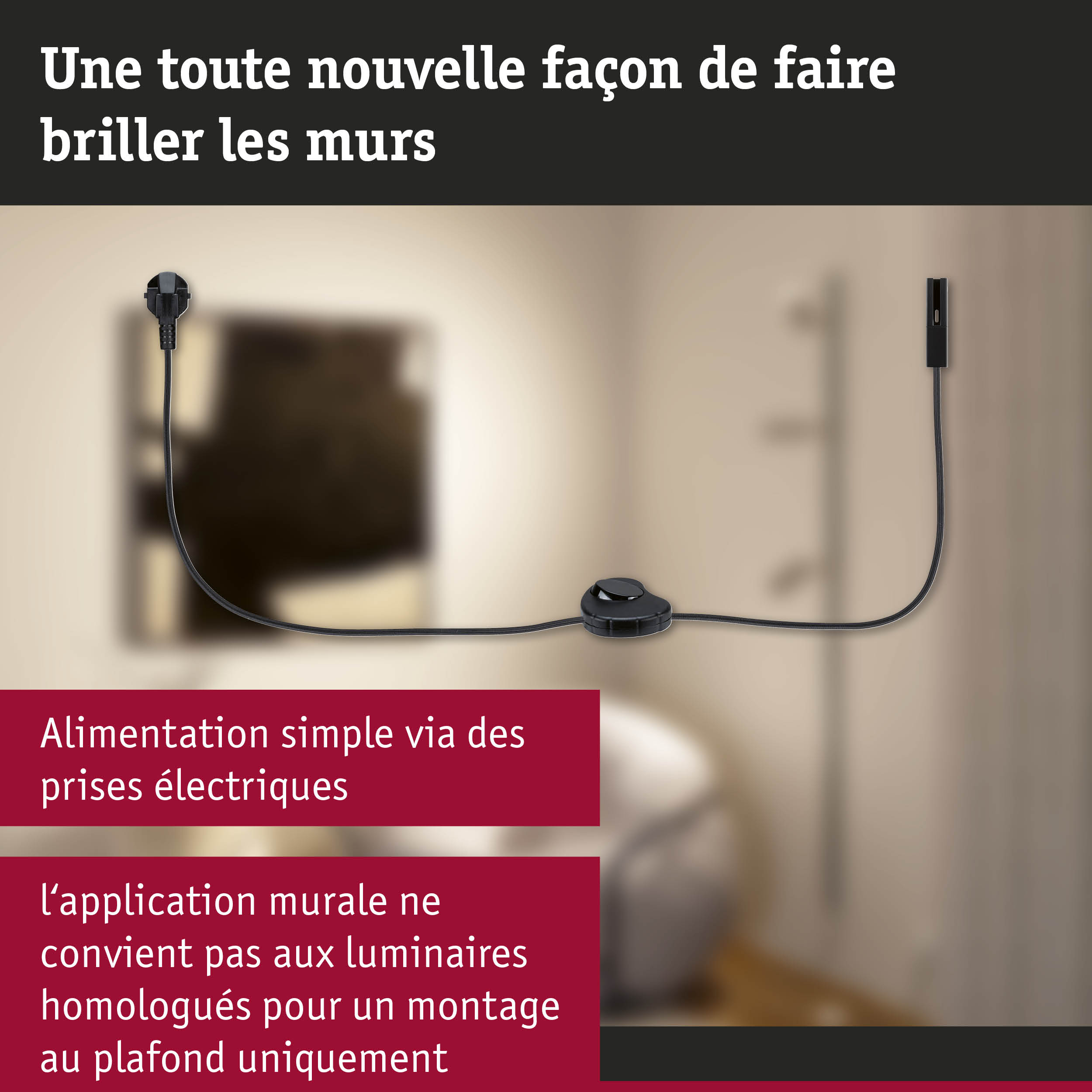Câble électrique noir avec prise et interrupteur sur mur beige pour solution d'éclairage mural
