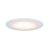 Round LED ceiling light with white plastic frame and warm white light for modern room lighting