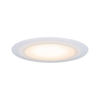 Round LED ceiling light with white plastic frame and warm white light for modern room lighting