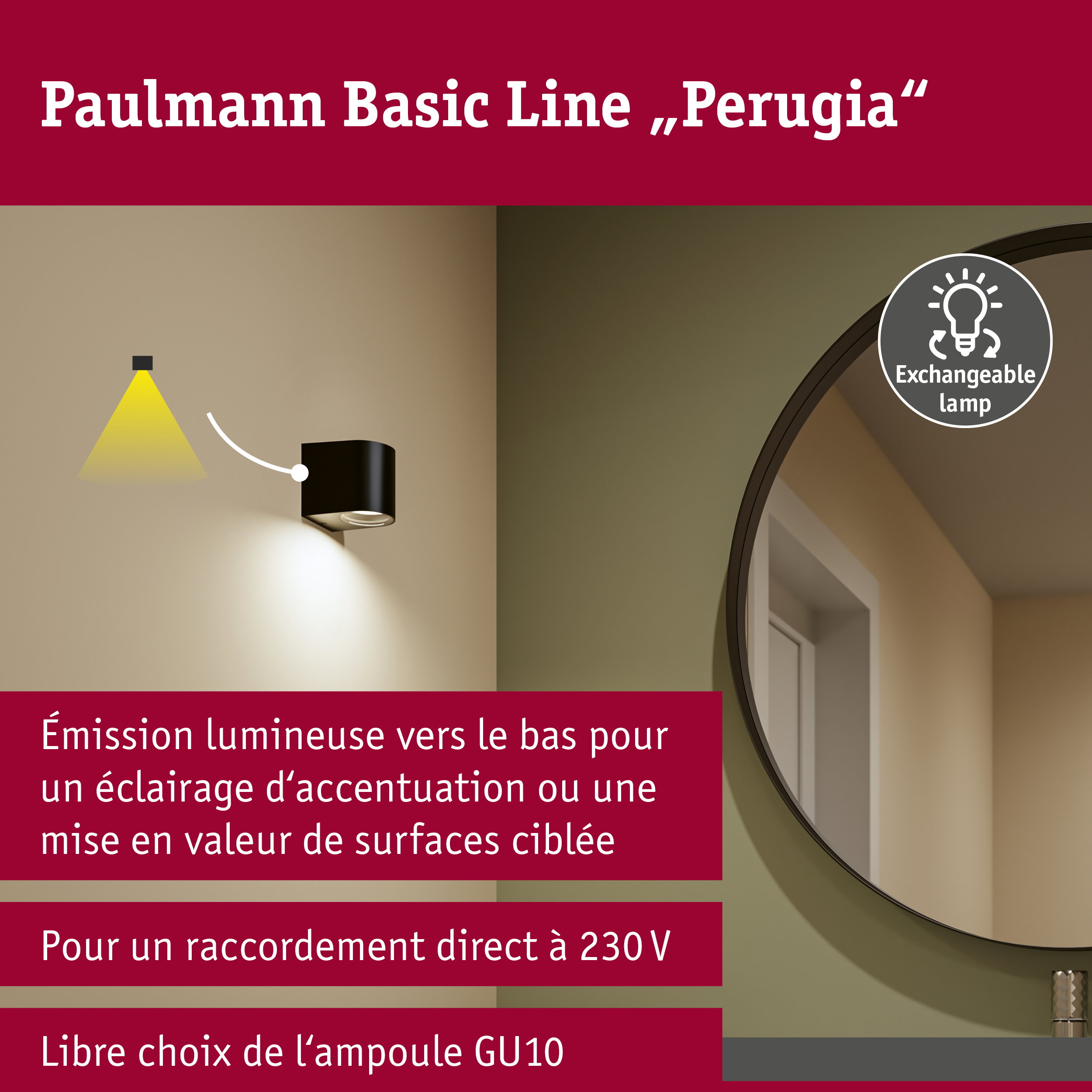 Applique Perugia IP44 GU10 230V max. 10W Noir mat