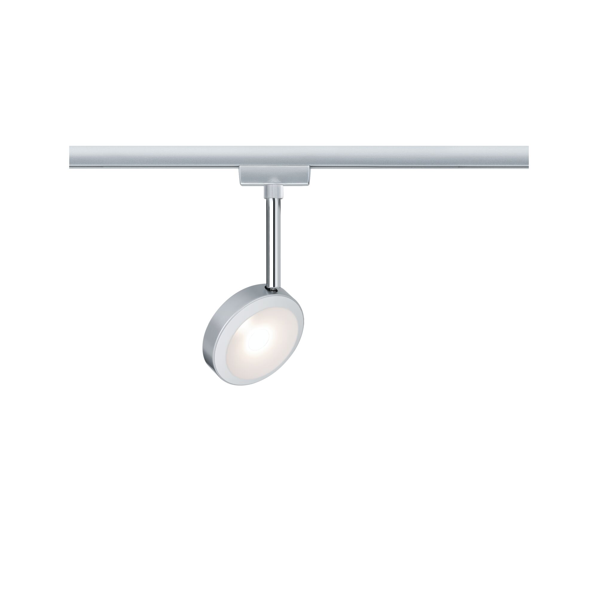 Round silver LED track light with white diffuser for modern indoor lighting