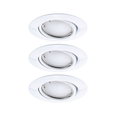 Three white metal recessed spotlights with adjustable reflector for versatile room lighting