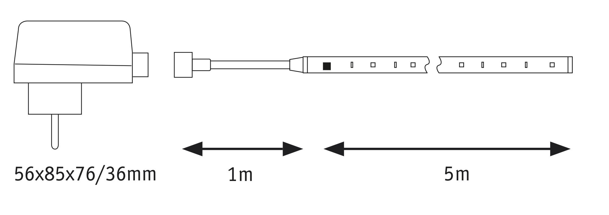 Schéma technique d'une bande LED avec adaptateur secteur, câble de 1 m et bande de 5 m