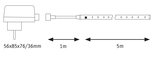 Schéma technique d'une bande LED avec adaptateur secteur, câble de 1 m et bande de 5 m