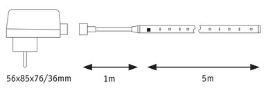 Schéma technique d'une bande LED avec adaptateur secteur, câble de 1 m et bande de 5 m