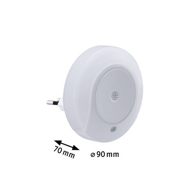 Runder weißer Nachtlicht-Stecker aus Kunststoff mit 90 mm Durchmesser und 70 mm Tiefe