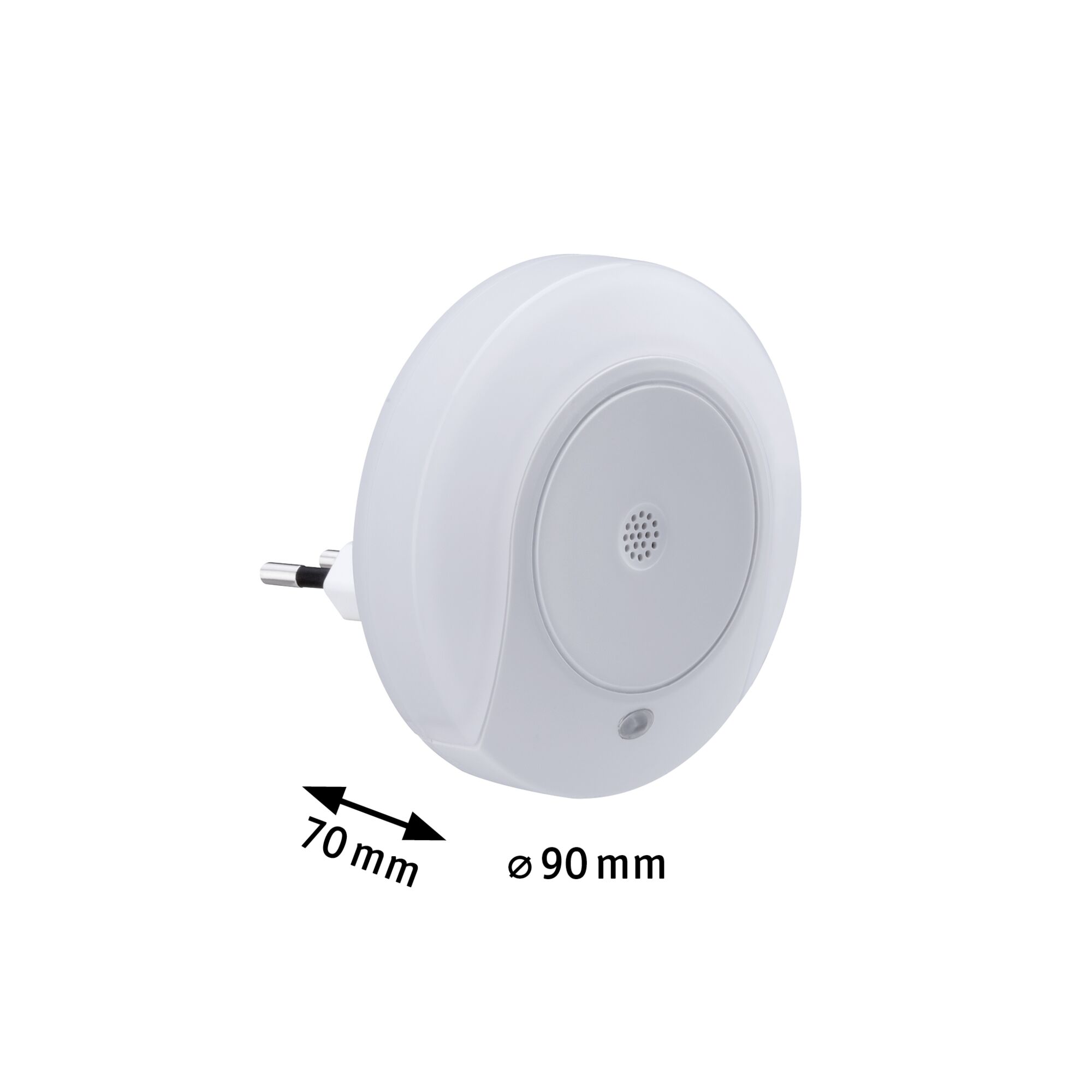Runder weißer Nachtlicht-Stecker aus Kunststoff mit 90 mm Durchmesser und 70 mm Tiefe