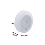 Runder weißer Nachtlicht-Stecker aus Kunststoff mit 90 mm Durchmesser und 70 mm Tiefe