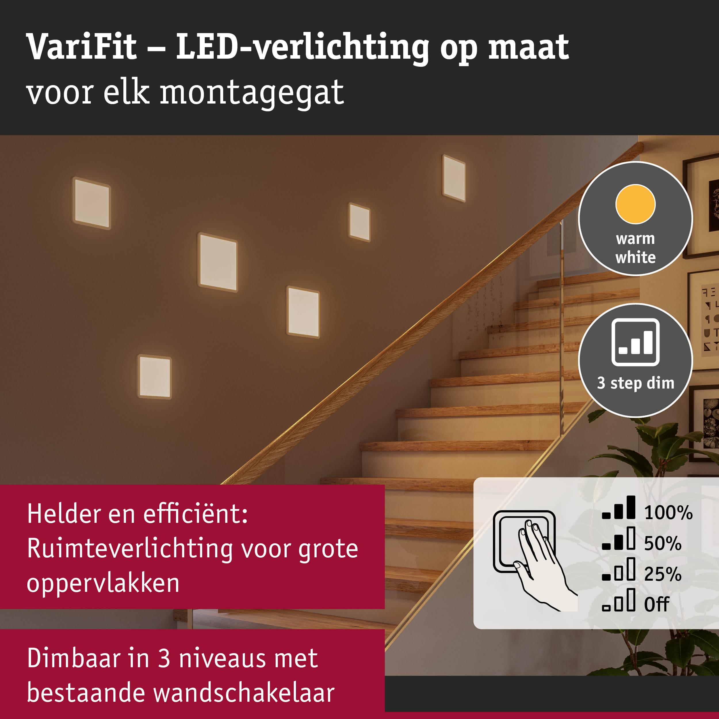 VariFit LED-wandverlichting in warm wit met 3-staps dimfunctie voor trappenhuis