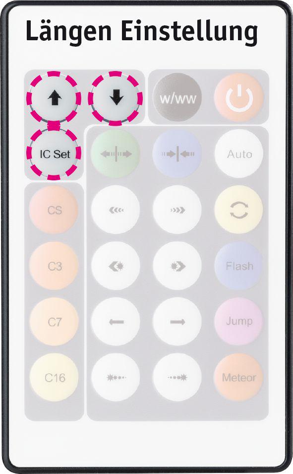 Remote control with length adjustment buttons and colored function keys for light control