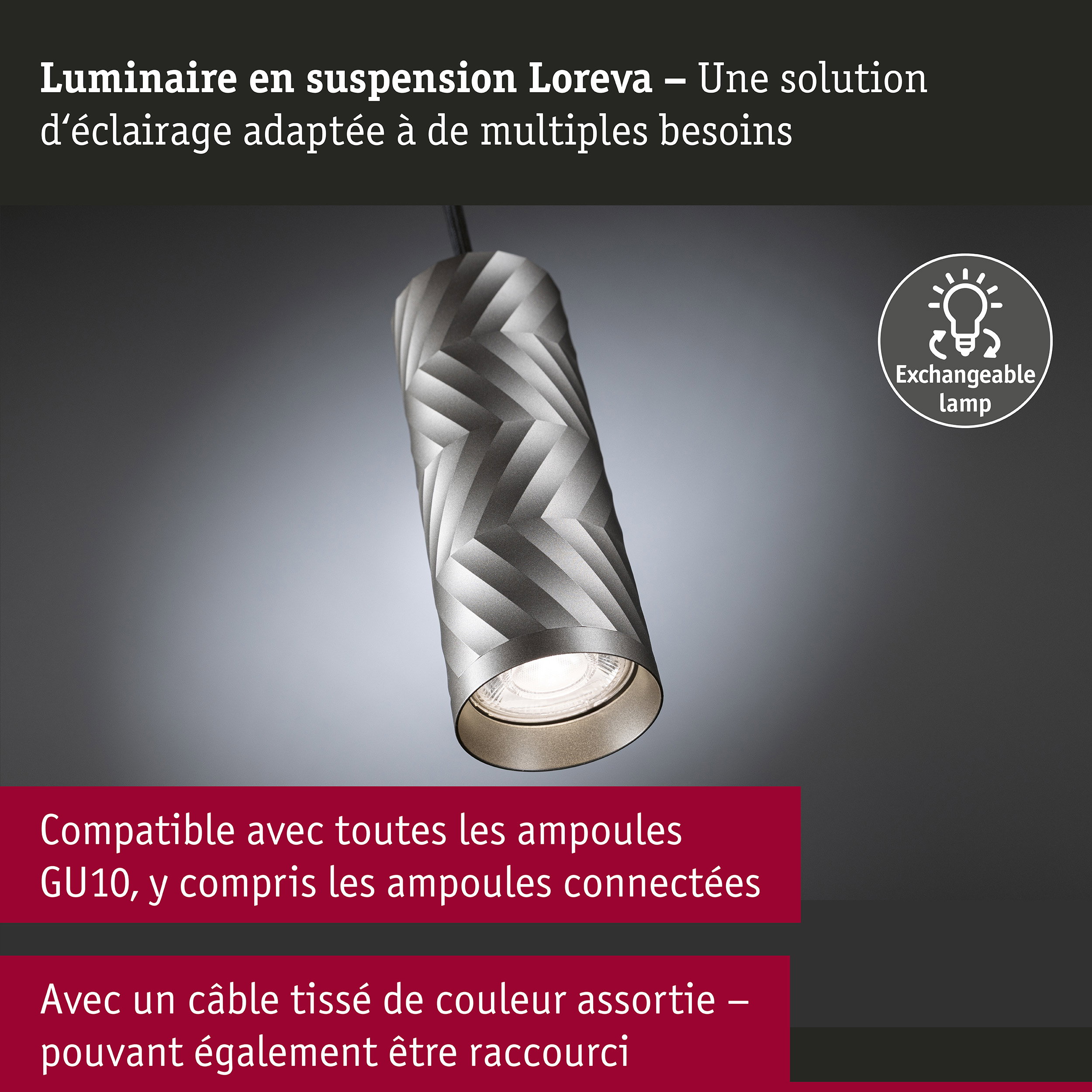 Luminaire en suspension Loreva GU10 max. 10W Titanium Métal