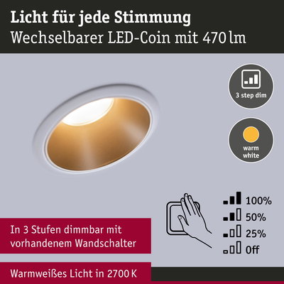 Wechselbarer LED-Coin mit warmweißem Licht 2700K und 3-stufiger Dimmfunktion für Wandlicht