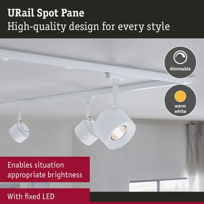 White URail Spot Pane LED ceiling spotlight with dimmable warm white light for living spaces