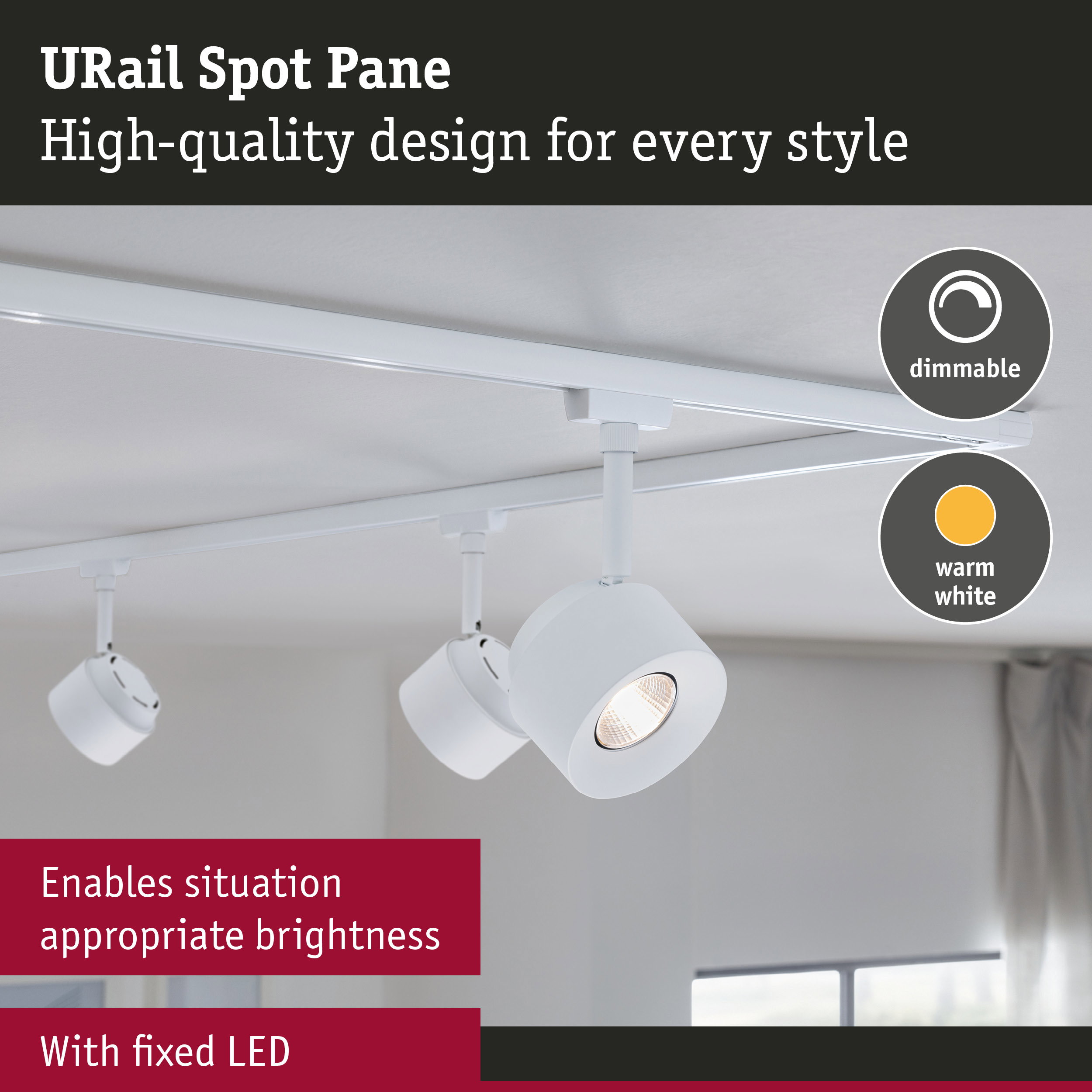 White URail Spot Pane LED spotlight with dimmable warm white light for modern interior lighting