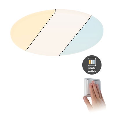 Ceiling light with adjustable warm, neutral, and cool white light controlled by wall switch.