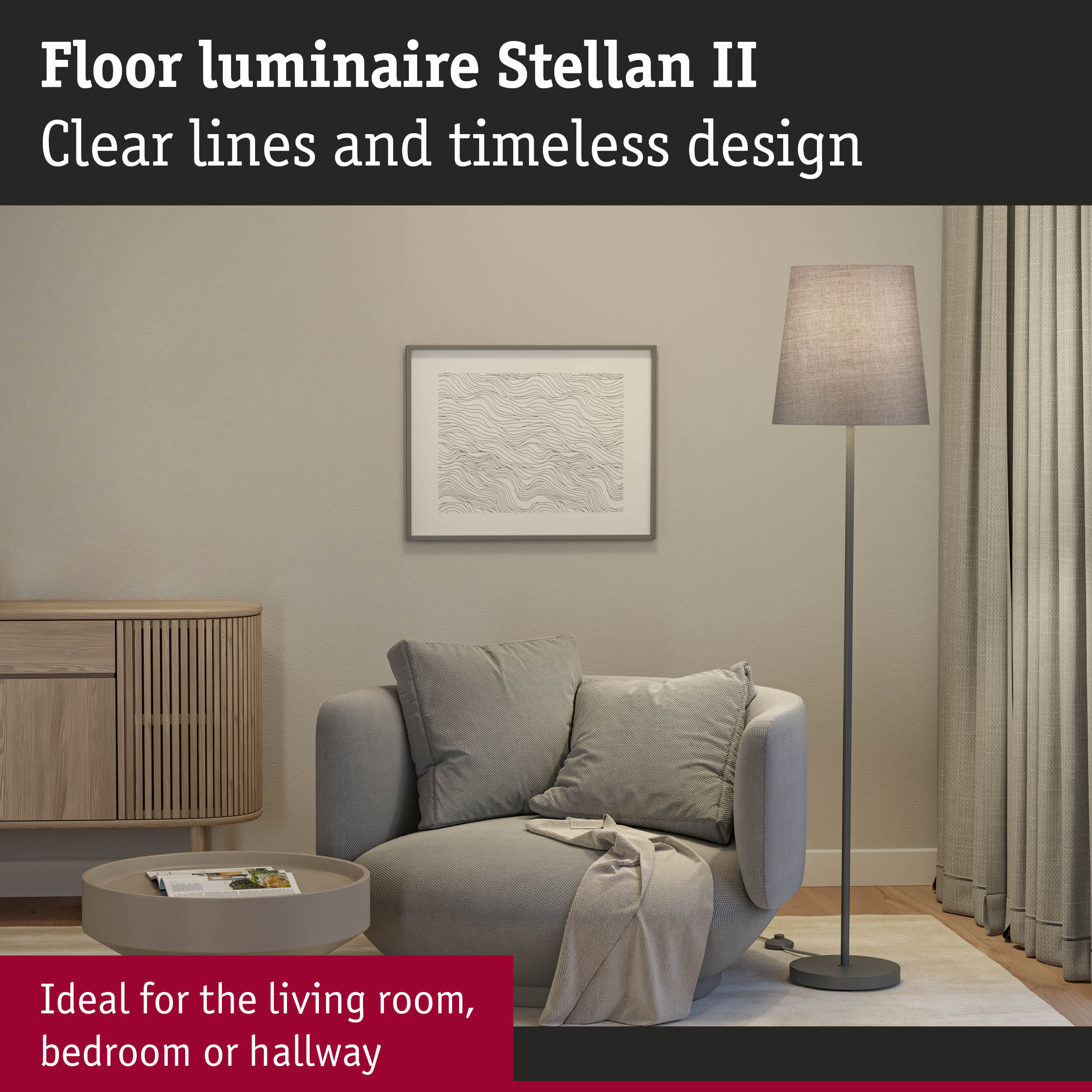 Stellan II floor lamp with grey fabric shade and metal base in modern living room setting