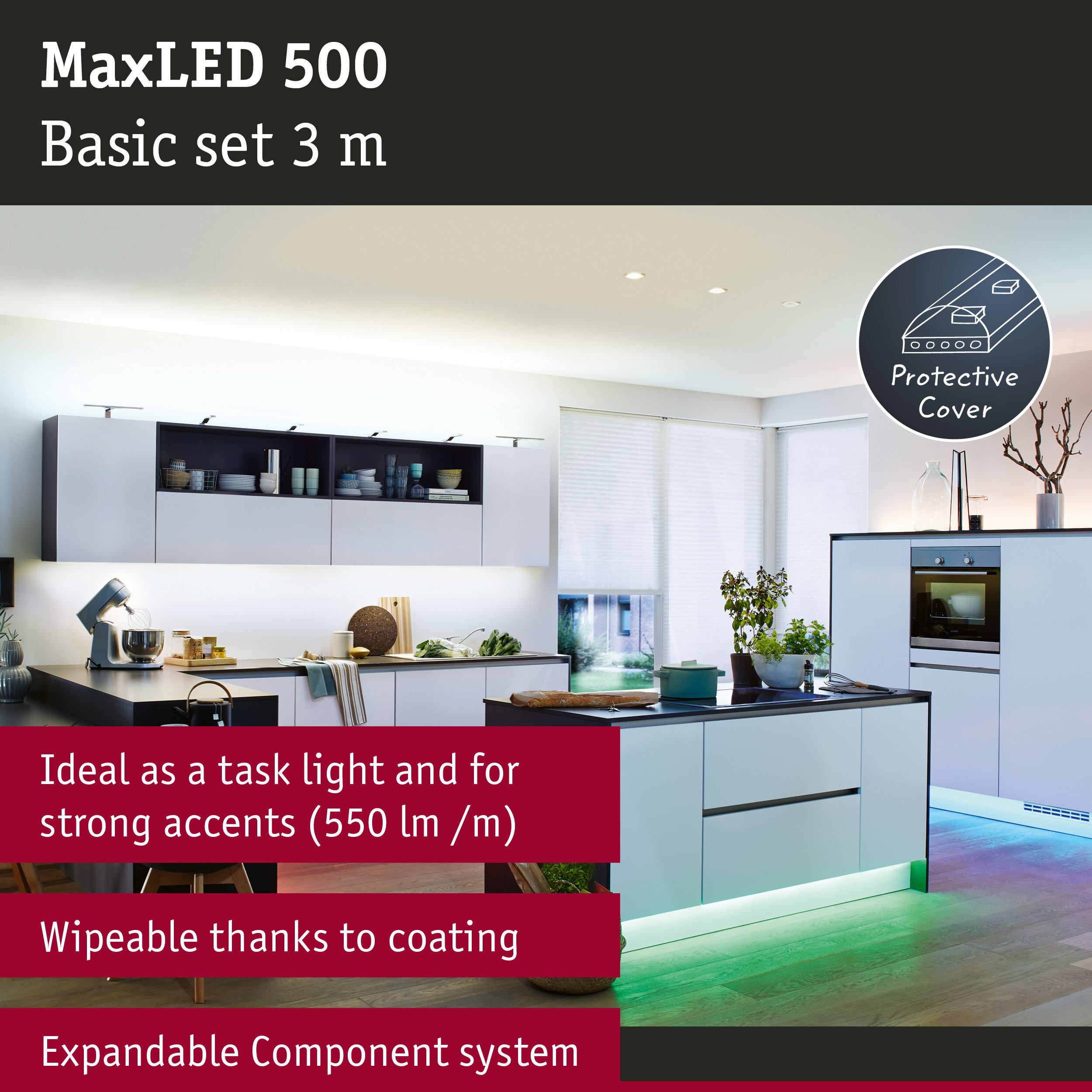 MaxLED 500 Basic set 3 m LED strip with protective coating ideal for kitchen lighting and accents