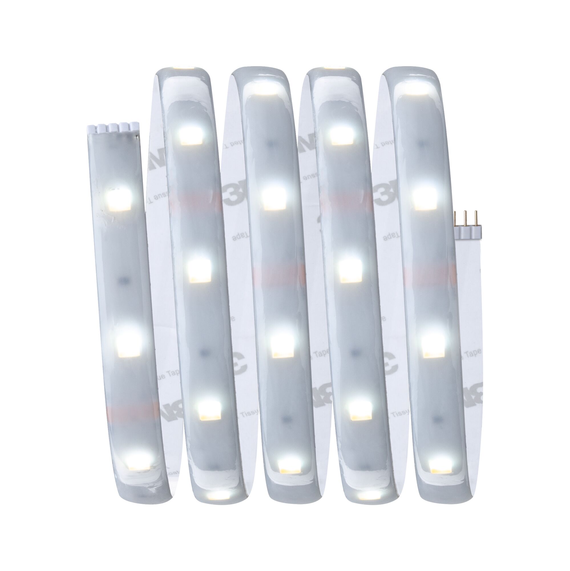 Flexibler LED-Lichtstreifen mit weißen LEDs und selbstklebender Rückseite für vielseitige Beleuchtung.