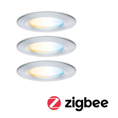 Drie ronde LED-inbouwspots van geborsteld aluminium met warm en koel wit licht, Zigbee compatibel