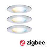 Three round LED recessed lights in brushed aluminum with warm and cool white light, Zigbee compatible