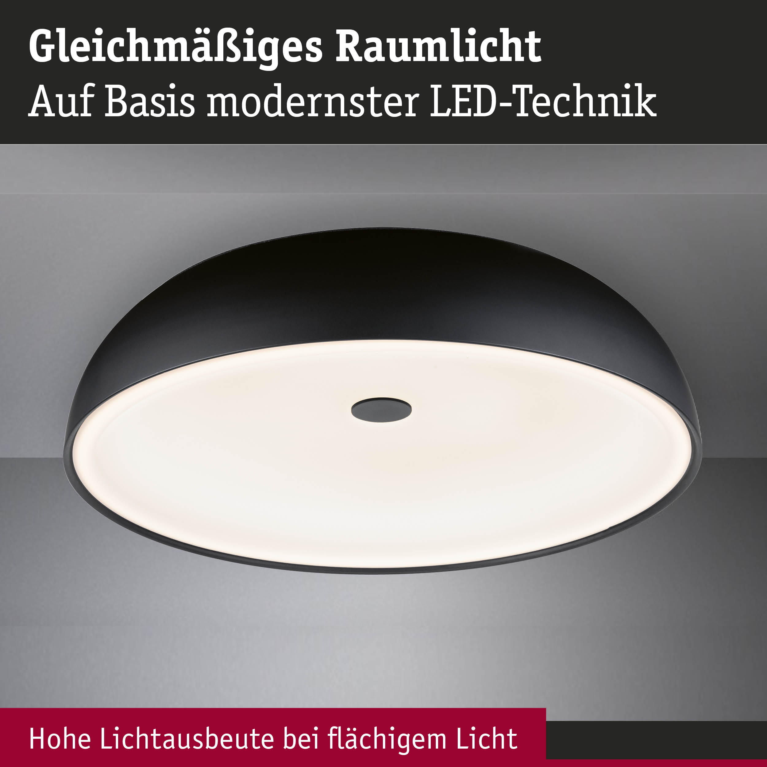 Schwarze LED-Deckenleuchte mit gleichmäßigem Raumlicht und hoher Lichtausbeute für moderne Innenräume