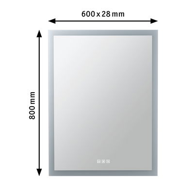 Miroir de salle de bain rectangulaire avec éclairage LED et capteur tactile argenté, 800x600 mm