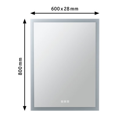 Miroir de salle de bain rectangulaire avec éclairage LED et capteur tactile argenté, 800x600 mm