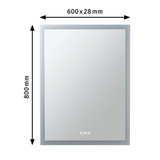 Rectangular bathroom mirror with LED lighting and touch sensor in silver, 800x600 mm