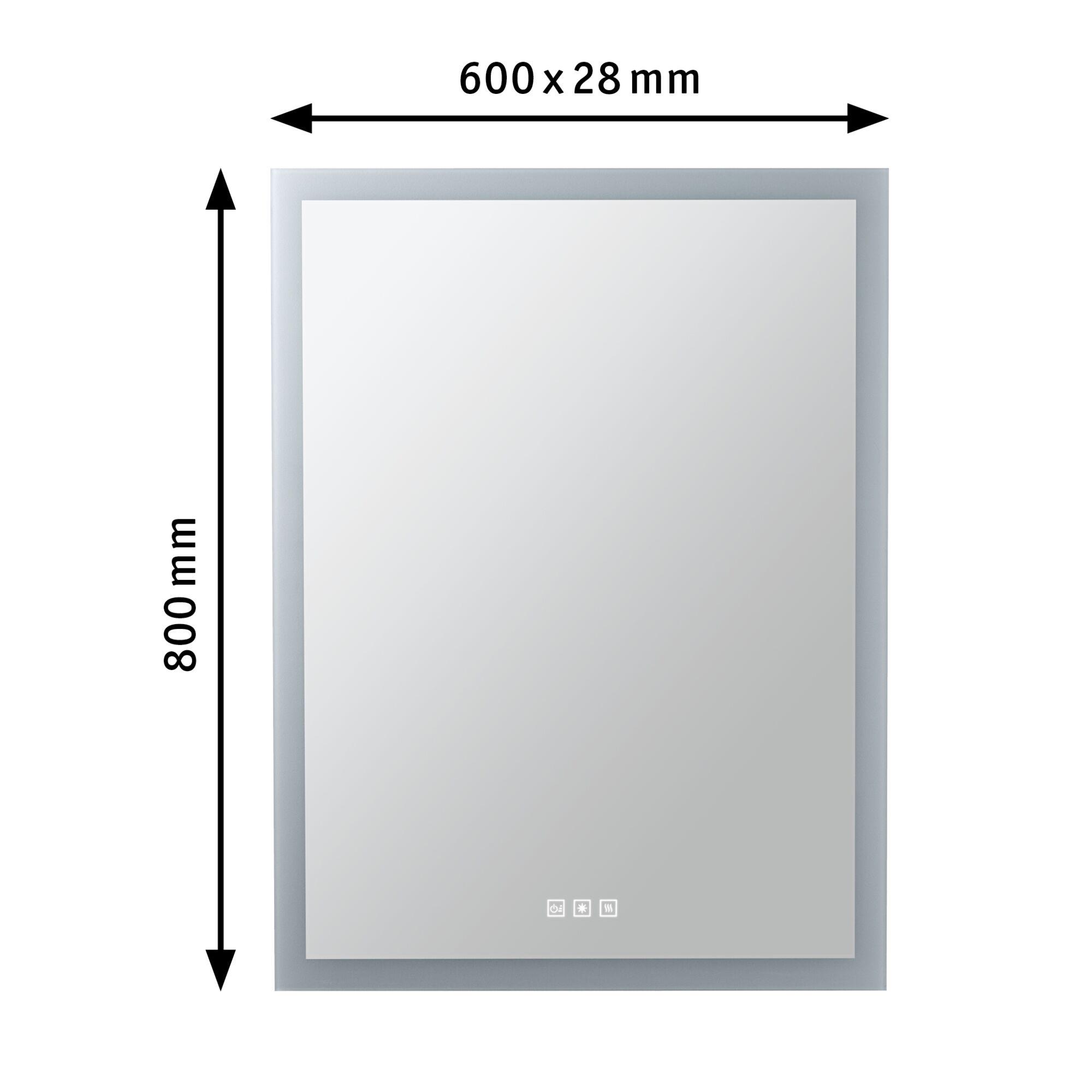 Square white LED mirror measuring 600x800 mm, modern bathroom accessory with lighting