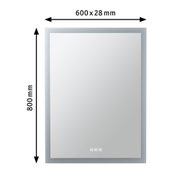 Square white LED mirror measuring 600x800 mm, modern bathroom accessory with lighting